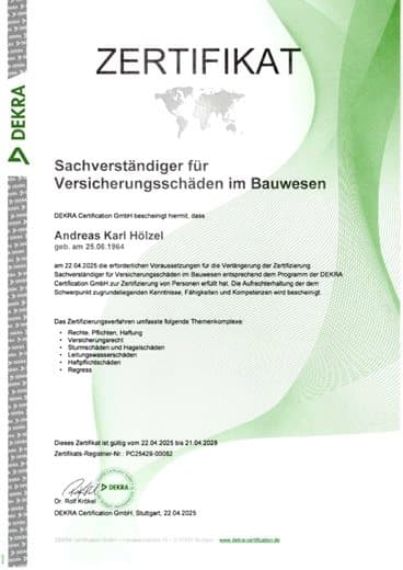 DEKRA-zertifiziert – Sachverständiger für Versicherungsschäden im Bauwesen