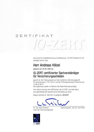 IQ-Zert-zertifiziert – Sachverständiger für Versicherungsschäden